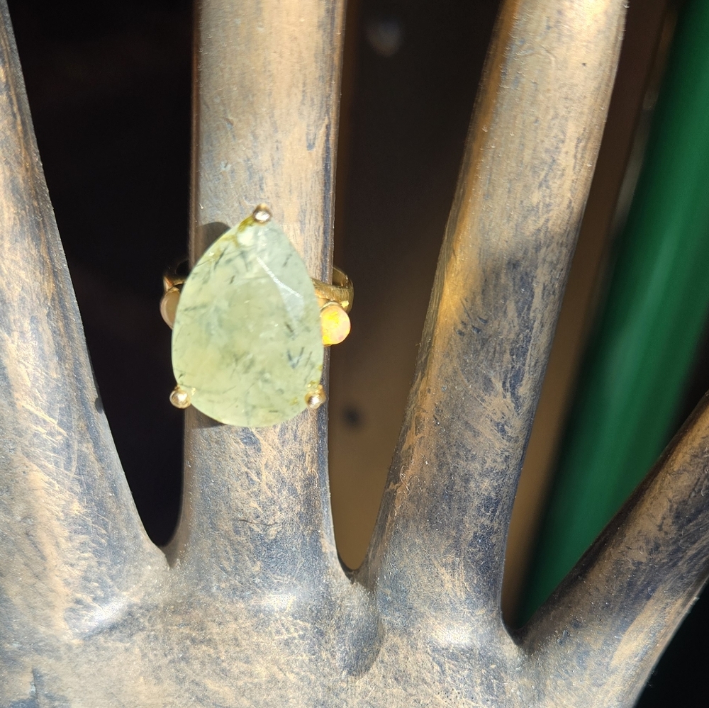 Prehnite & opal sterling & gold Ring sz7.5 - Picture 4 of 15